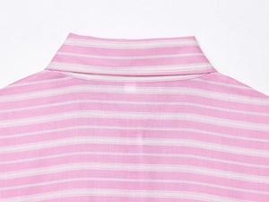 Detail of pink and white striped shirt back collar showing fine stitching and fabric texture