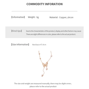 Detailed size and material specification chart for the gold butterfly zircon necklace