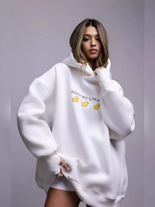 Oversized white hoodie with cartoon duck print and Russian lettering for casual street style