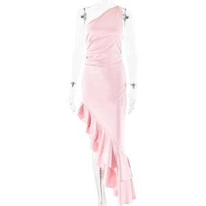 Elegant pink one-shoulder satin dress with ruffles and slim fit asymmetrical design