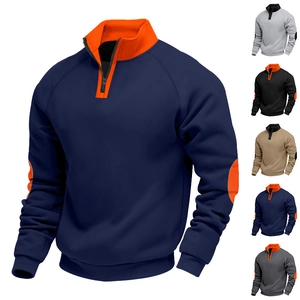 Detail view of contrast color stand collar and zipper on heavy cotton fleece sweatshirt