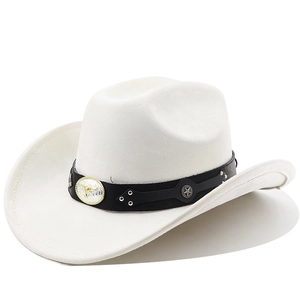 Detail of western cowboy hat with studded leather band and bull metal buckle