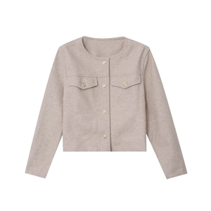 Women's oatmeal short wool jacket with gold buttons and four front pockets on white background