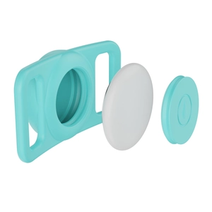 Detailed exploded view of mint green silicone waterproof case for Apple AirTag tracking