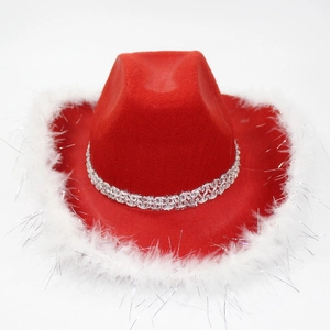 Red felt cowboy hat with white faux fur trim and silver lace, ideal for holiday festivals
