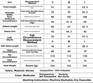 Tableau détaillé des tailles pour ensemble rayé haut et short en S, M, L