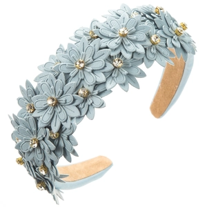 Elegant light blue leather floral headband with sparkling rhinestone accents for women