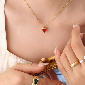 French vintage gold plated jewelry set with heart ruby necklace and green emerald ring