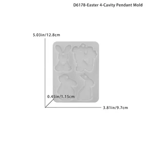 Detail view of 4-cavity Easter silicone mold with rabbit and letter N shapes, 12.8cm wide