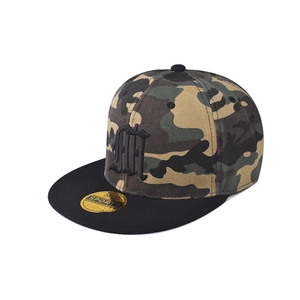 Detail of classic woodland camouflage baseball cap with black 3D letter embroidery