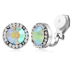 Detail view of silver geometric clip-on earrings with colorful crystals and rhinestones