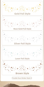 Detail showing gold, silver and rose gold metallic star freckle temporary face tattoos