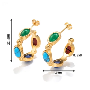 Bohemian gold hoop earrings with multi-colored gemstones in minimalist geometric style