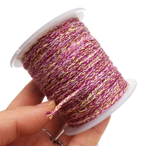 Detailed macro of pink, yellow and white braided cotton cord on a white plastic spool