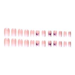Pink gradient press-on nails with purple butterfly and white wave line decorations