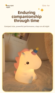 Close-up of unicorn silicone night light with warm soft glow and colorful horn detail