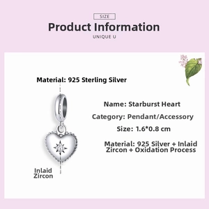 Detail view of 925 silver starburst heart pendant with zircon inlay and 1.6x0.8cm dimensions