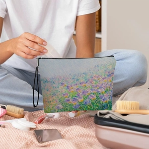 Impressionist floral canvas makeup bag with tulip oil painting and zipper closure