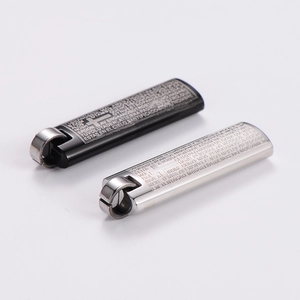Polished black and silver metal cylinder pendants with engraved religious cross and text