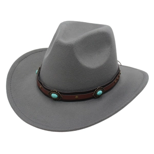 Classic grey felt western cowboy hat with brown leather band and turquoise stone details