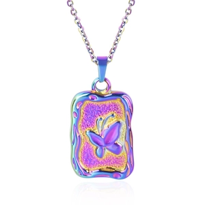 Macro detail of rainbow butterfly pendant necklace with colorful vacuum plating finish