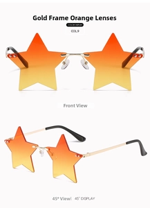 Detail view of star-shaped rimless sunglasses with gold metal frame and orange gradient lenses
