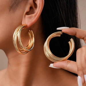 Multilayer Geometric Hoop Earrings With 925 Sterling Silver Earring Post Metallic Textured C Shaped Round Fashion For Women