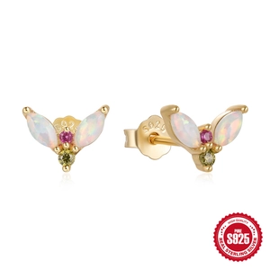S925 sterling silver gold-plated insect stud earrings with opal and colorful zircons