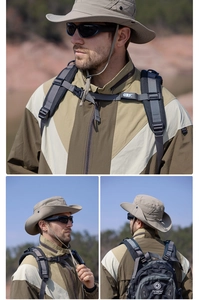 Detail of outdoor sun hat featuring side ventilation eyelets and adjustable chin cord