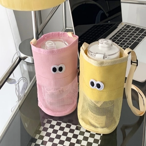 Cute cartoon mesh water bottle bag with googly eyes and adjustable shoulder strap