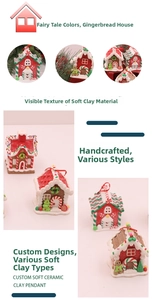 Detailed view of handmade soft clay Christmas gingerbread house with festive candy ornaments