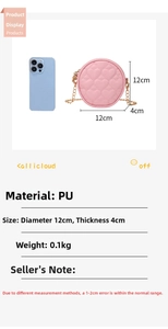 Pink heart quilted mini round bag with gold chain showing 12cm diameter size detail