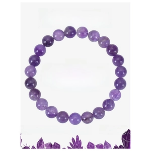 Detail showing 8mm amethyst bead bracelet with healing properties card on white background