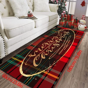 Christmas plaid floor mat 180x60cm with golden Merry Christmas text for home decor