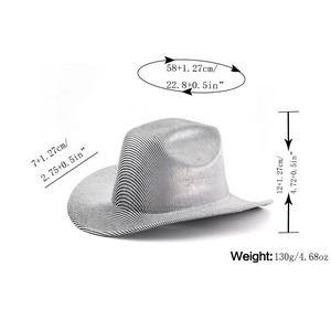 Detailed size specifications for a woven cowboy hat with striped pattern and wide brim