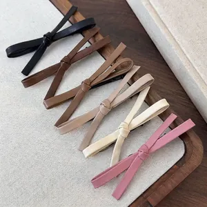 Vintage PU Leather Bow Hair Clip Simple Brown Duckbill Clip Sweet Side Fringe Pin Elegant Headpiece For Women
