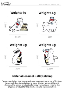 Detail view of four cute cartoon cat enamel pins featuring a white cat drinking wine