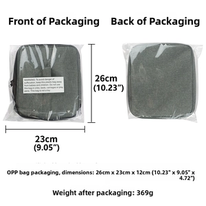 Front and back view of a grey fabric nail polish storage bag in OPP packaging