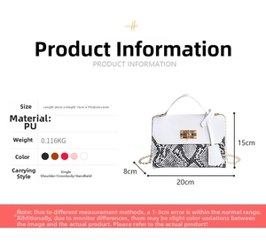 Detailed view of snake skin crossbody bag showing 20x15x8cm size and metal lock