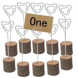 Set of 10 wooden cylinder card holders with heart-shaped silver wire clips for photos