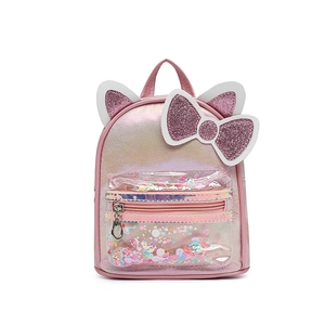 Pink glitter mini backpack for girls with cute cat ears and sparkling sequin bow detail