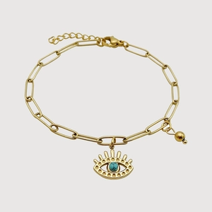 Evil Eye Paperclip Chain Bracelet Stainless Steel With Blue Turquoise Pendant Electroplated Gold Jewelry For Women