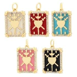 18K gold plated copper tarot heart charms with cubic zirconia and colorful enamel inlay