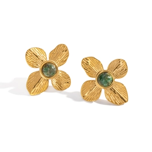 Boucles d'oreilles fleur vintage style français plaquées or 18K avec turquoise verte