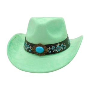 Detail of mint green suede cowboy hat with floral embroidery and turquoise stone