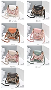 Collage of mini crossbody bags in seven colors with fashion scarf handles and textures