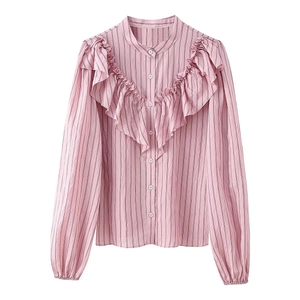 Pink vertical striped shirt with multi-layered ruffle details and button-up front