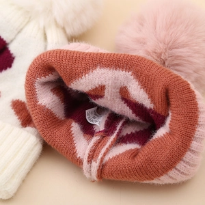 Winter double-layer thickened knitted baby hat with pompom and heart jacquard pattern