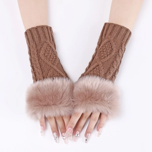 Detailed knit texture and faux fur cuff on coffee brown winter fingerless arm warmers