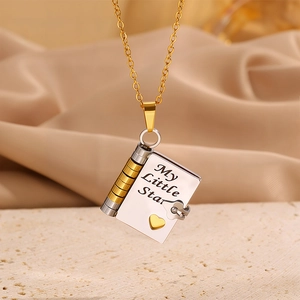 Titanium steel book pendant necklace with My Little Star engraving and heart charm